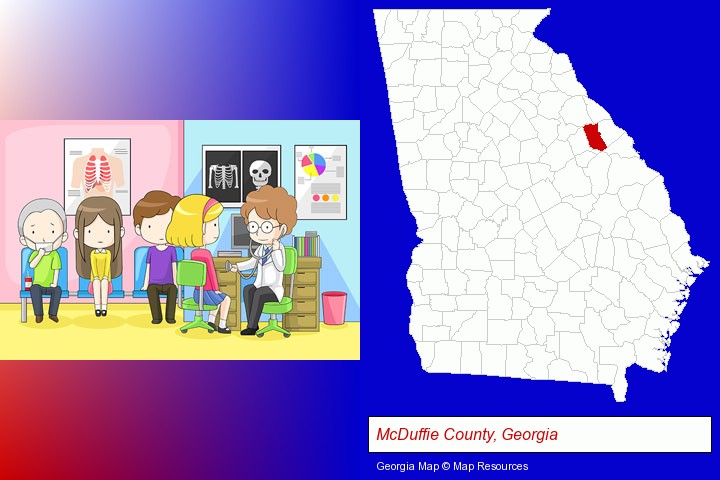 a clinic, showing a doctor and four patients; McDuffie County, Georgia highlighted in red on a map