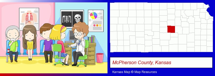 a clinic, showing a doctor and four patients; McPherson County, Kansas highlighted in red on a map