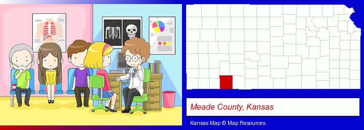 a clinic, showing a doctor and four patients; Meade County, Kansas highlighted in red on a map