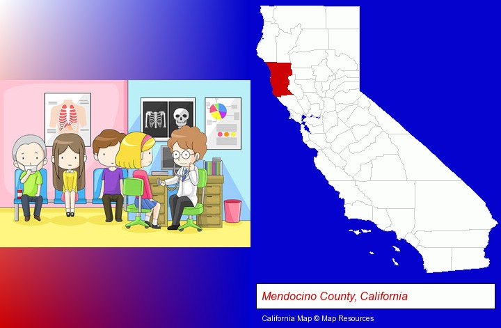 a clinic, showing a doctor and four patients; Mendocino County, California highlighted in red on a map