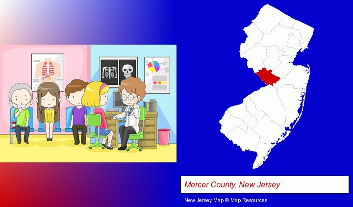 a clinic, showing a doctor and four patients; Mercer County, New Jersey highlighted in red on a map
