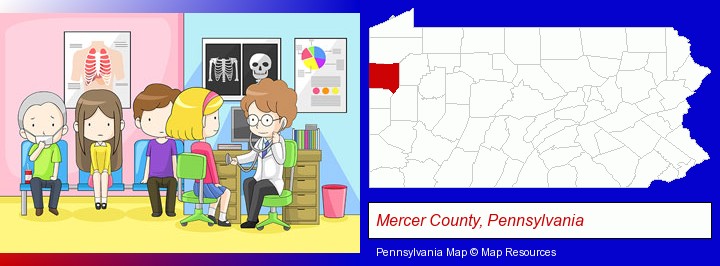 a clinic, showing a doctor and four patients; Mercer County, Pennsylvania highlighted in red on a map