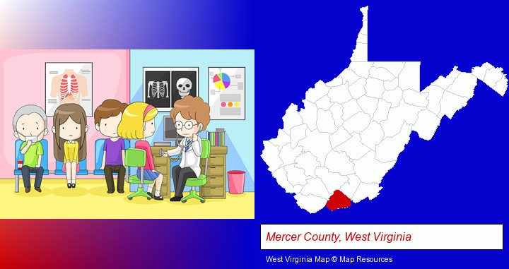 a clinic, showing a doctor and four patients; Mercer County, West Virginia highlighted in red on a map