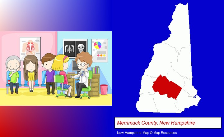 a clinic, showing a doctor and four patients; Merrimack County, New Hampshire highlighted in red on a map