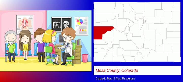 a clinic, showing a doctor and four patients; Mesa County, Colorado highlighted in red on a map