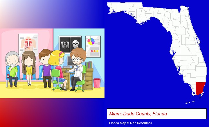 a clinic, showing a doctor and four patients; Miami-Dade County, Florida highlighted in red on a map