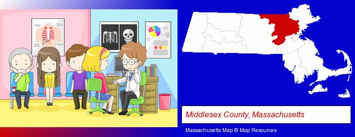 a clinic, showing a doctor and four patients; Middlesex County, Massachusetts highlighted in red on a map