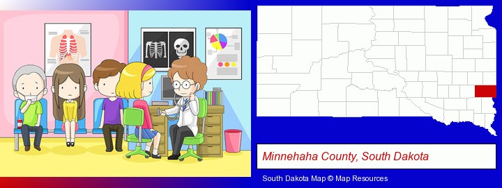 a clinic, showing a doctor and four patients; Minnehaha County, South Dakota highlighted in red on a map