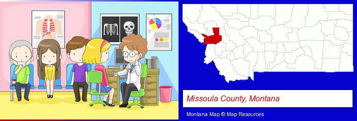 a clinic, showing a doctor and four patients; Missoula County, Montana highlighted in red on a map
