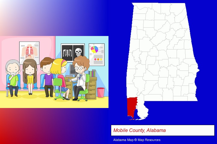 a clinic, showing a doctor and four patients; Mobile County, Alabama highlighted in red on a map