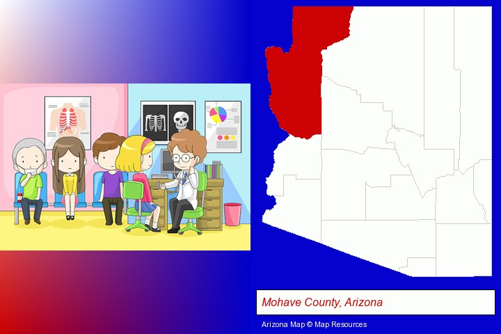a clinic, showing a doctor and four patients; Mohave County, Arizona highlighted in red on a map