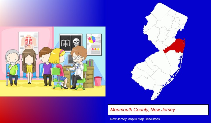 a clinic, showing a doctor and four patients; Monmouth County, New Jersey highlighted in red on a map