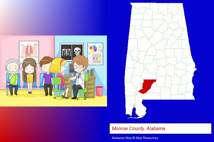 a clinic, showing a doctor and four patients; Monroe County, Alabama highlighted in red on a map