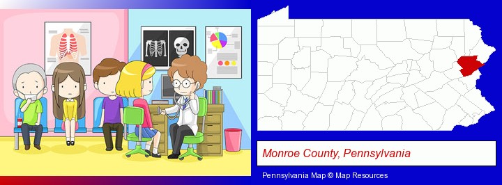 a clinic, showing a doctor and four patients; Monroe County, Pennsylvania highlighted in red on a map