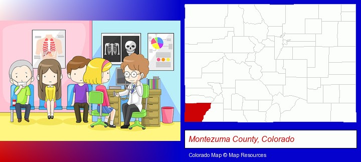 a clinic, showing a doctor and four patients; Montezuma County, Colorado highlighted in red on a map
