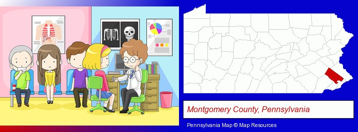 a clinic, showing a doctor and four patients; Montgomery County, Pennsylvania highlighted in red on a map