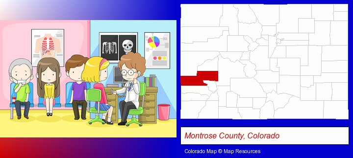 a clinic, showing a doctor and four patients; Montrose County, Colorado highlighted in red on a map