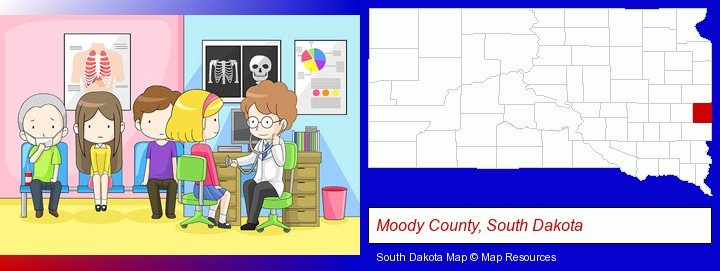 a clinic, showing a doctor and four patients; Moody County, South Dakota highlighted in red on a map