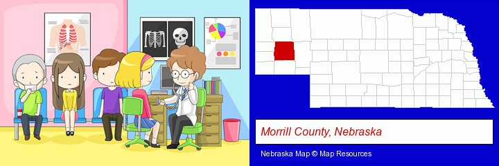 a clinic, showing a doctor and four patients; Morrill County, Nebraska highlighted in red on a map