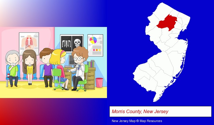 a clinic, showing a doctor and four patients; Morris County, New Jersey highlighted in red on a map