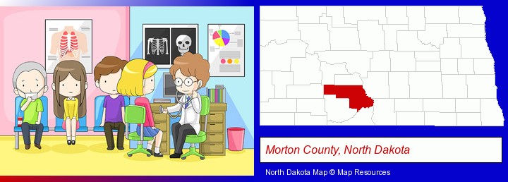 a clinic, showing a doctor and four patients; Morton County, North Dakota highlighted in red on a map