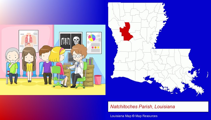a clinic, showing a doctor and four patients; Natchitoches Parish, Louisiana highlighted in red on a map