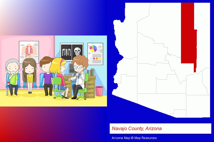 a clinic, showing a doctor and four patients; Navajo County, Arizona highlighted in red on a map