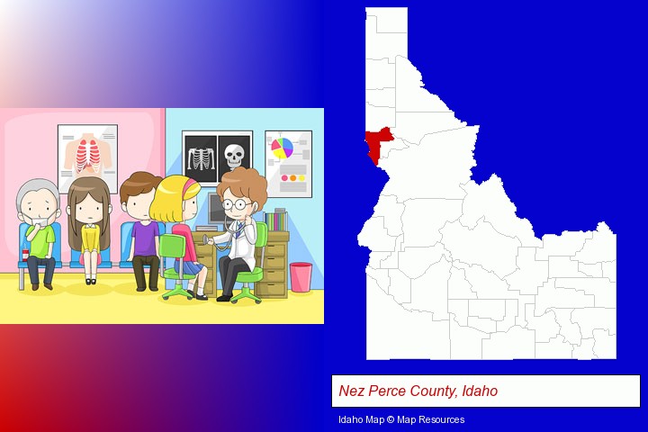a clinic, showing a doctor and four patients; Nez Perce County, Idaho highlighted in red on a map
