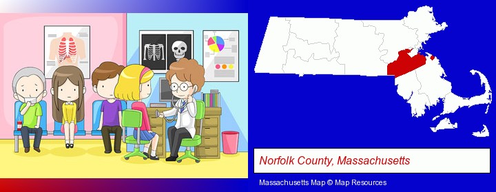 a clinic, showing a doctor and four patients; Norfolk County, Massachusetts highlighted in red on a map