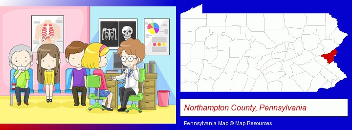 a clinic, showing a doctor and four patients; Northampton County, Pennsylvania highlighted in red on a map