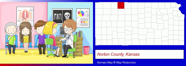 a clinic, showing a doctor and four patients; Norton County, Kansas highlighted in red on a map