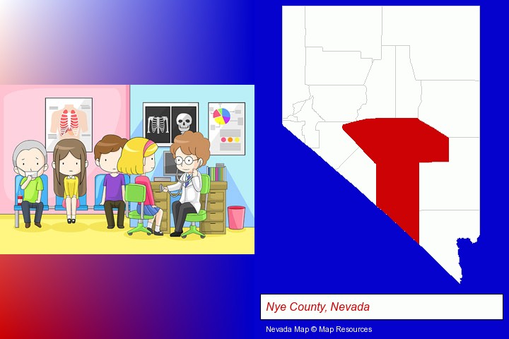 a clinic, showing a doctor and four patients; Nye County, Nevada highlighted in red on a map