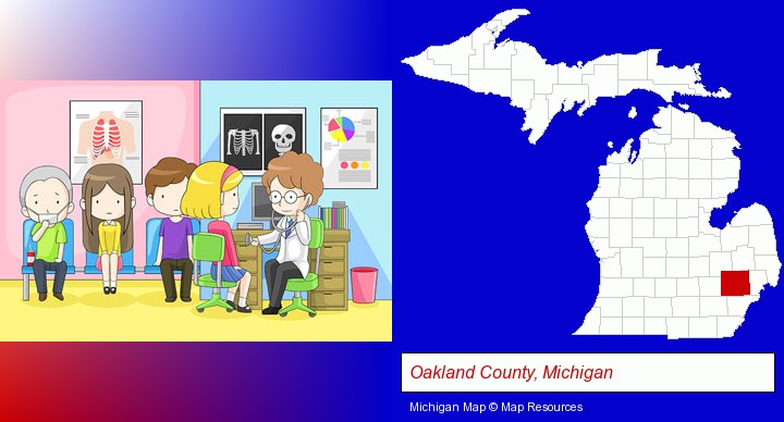 a clinic, showing a doctor and four patients; Oakland County, Michigan highlighted in red on a map