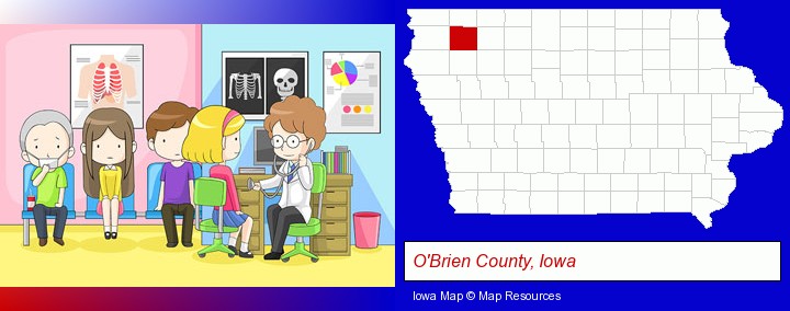 a clinic, showing a doctor and four patients; O'Brien County, Iowa highlighted in red on a map