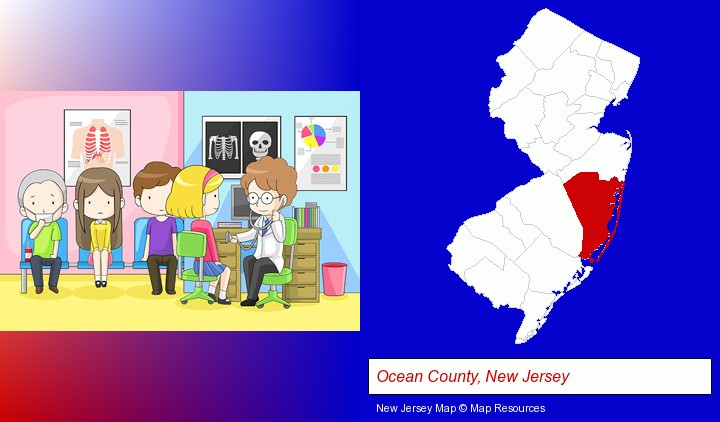 a clinic, showing a doctor and four patients; Ocean County, New Jersey highlighted in red on a map