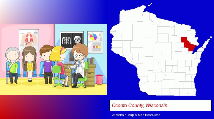 a clinic, showing a doctor and four patients; Oconto County, Wisconsin highlighted in red on a map