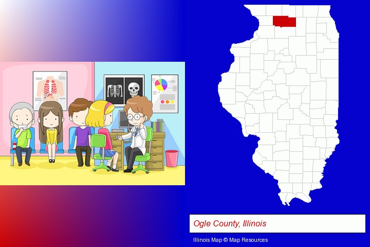 a clinic, showing a doctor and four patients; Ogle County, Illinois highlighted in red on a map