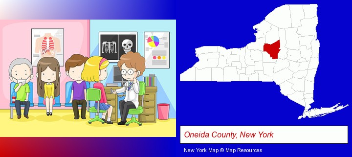 a clinic, showing a doctor and four patients; Oneida County, New York highlighted in red on a map
