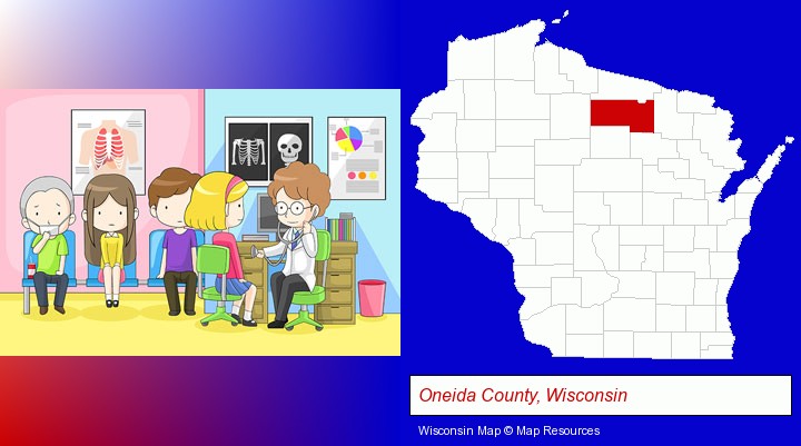 a clinic, showing a doctor and four patients; Oneida County, Wisconsin highlighted in red on a map