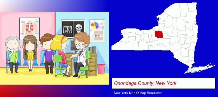 a clinic, showing a doctor and four patients; Onondaga County, New York highlighted in red on a map