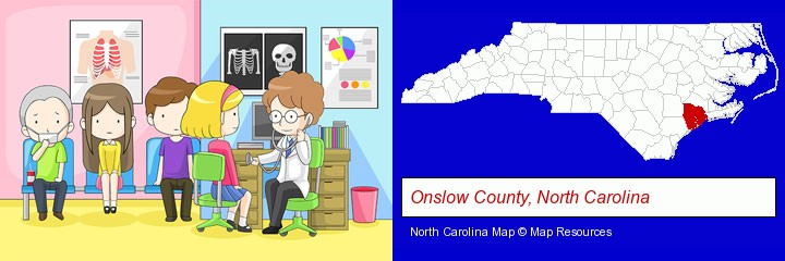 a clinic, showing a doctor and four patients; Onslow County, North Carolina highlighted in red on a map