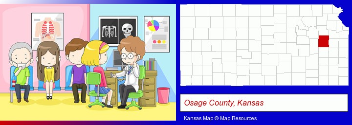 a clinic, showing a doctor and four patients; Osage County, Kansas highlighted in red on a map
