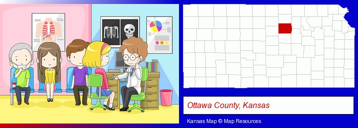 a clinic, showing a doctor and four patients; Ottawa County, Kansas highlighted in red on a map