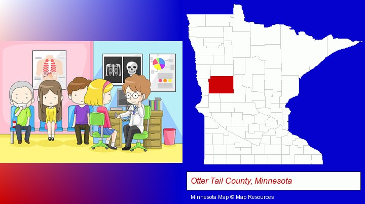 a clinic, showing a doctor and four patients; Otter Tail County, Minnesota highlighted in red on a map