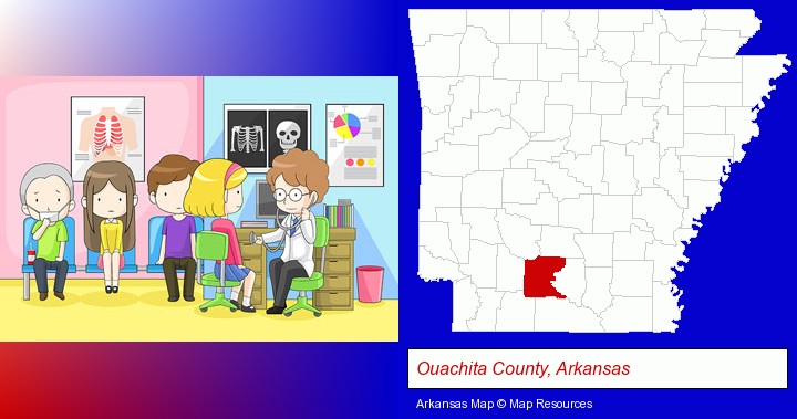 a clinic, showing a doctor and four patients; Ouachita County, Arkansas highlighted in red on a map
