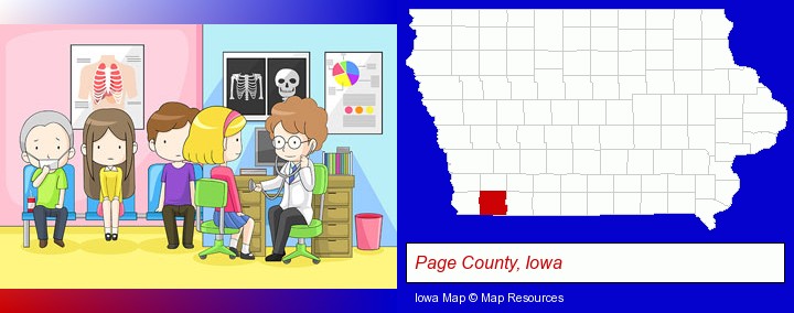 a clinic, showing a doctor and four patients; Page County, Iowa highlighted in red on a map