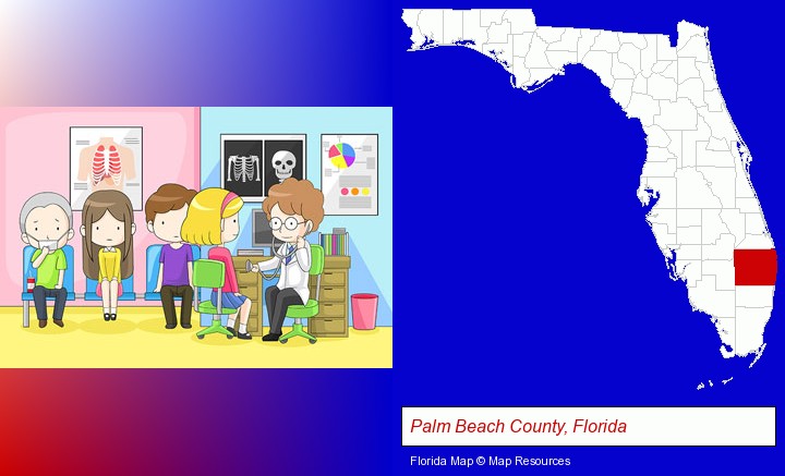 a clinic, showing a doctor and four patients; Palm Beach County, Florida highlighted in red on a map