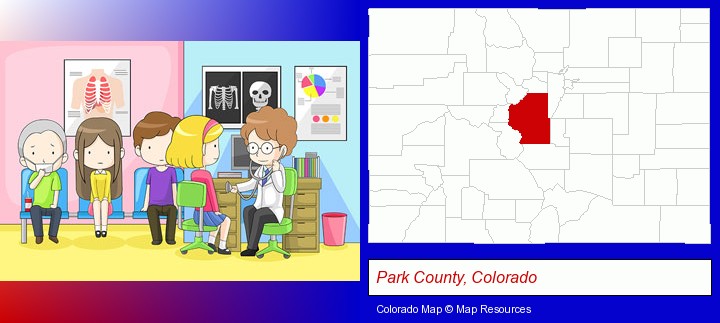 a clinic, showing a doctor and four patients; Park County, Colorado highlighted in red on a map