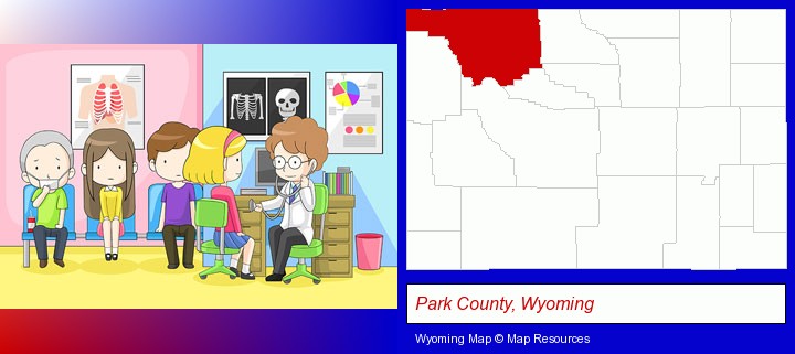 a clinic, showing a doctor and four patients; Park County, Wyoming highlighted in red on a map