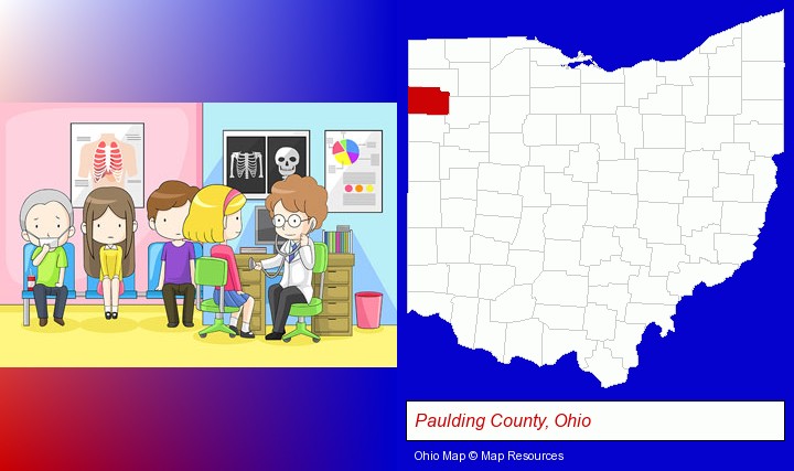 a clinic, showing a doctor and four patients; Paulding County, Ohio highlighted in red on a map